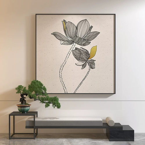 新中式轻奢装饰画黑白灰抽象线条荷花客厅玄关背景墙壁方形挂画