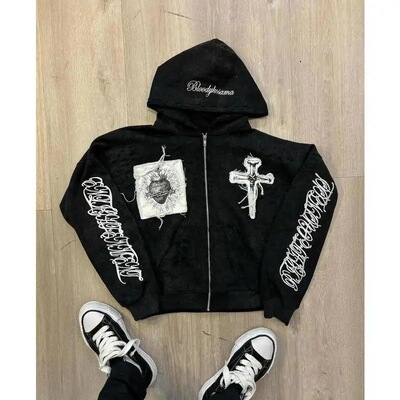 Y2k Sacred Cross Embroidery Hoodie Streetwear Men Trend Hip