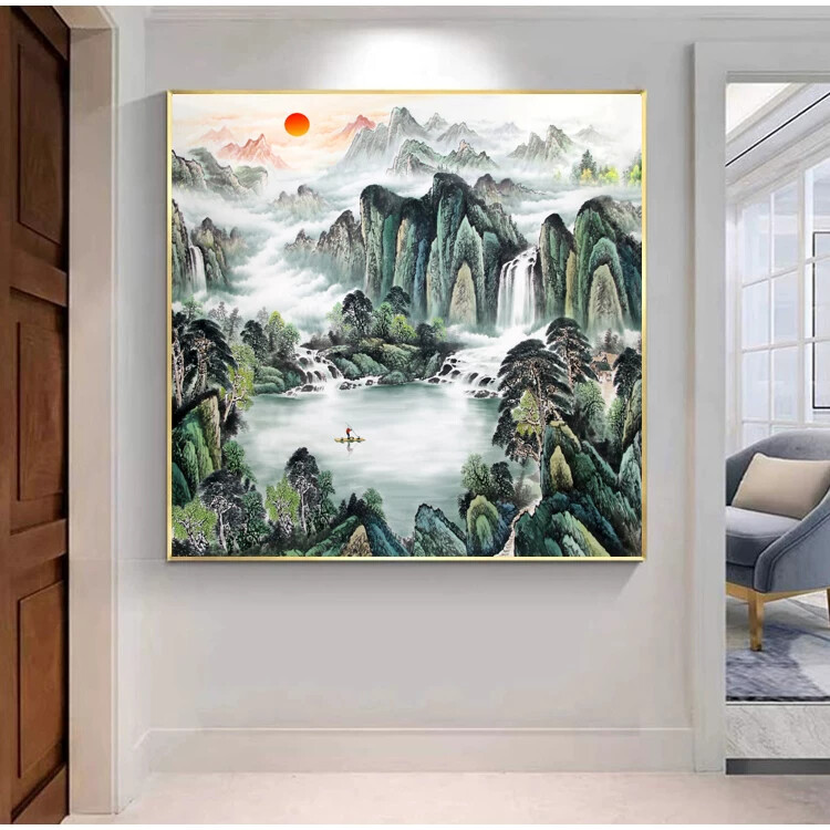 八方聚财有山有水靠山挂画流水生财旭日东升聚宝盆招财国画山水画