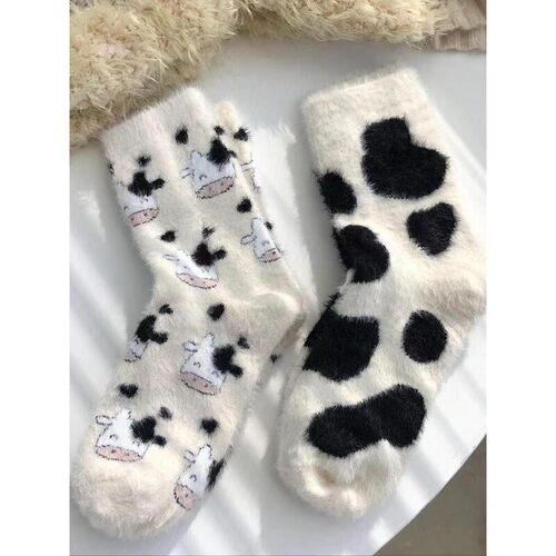 Womens Cow Print Fuzzy Mid Calf Socks Cute Warm Crew Socks