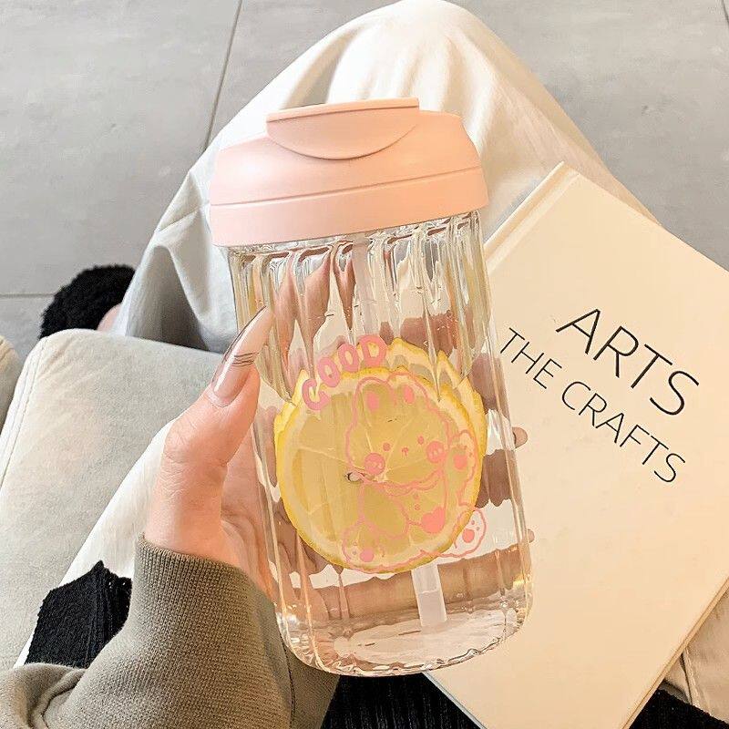 简约水杯女生带吸管玻璃杯办公室高颜值夏季便携学生新款2026杯子
