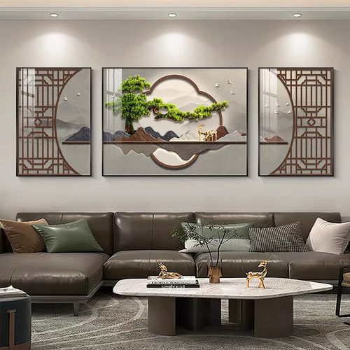 迎客松办公室装饰画新中式禅意茶室背景墙壁画客厅山水挂画高级感