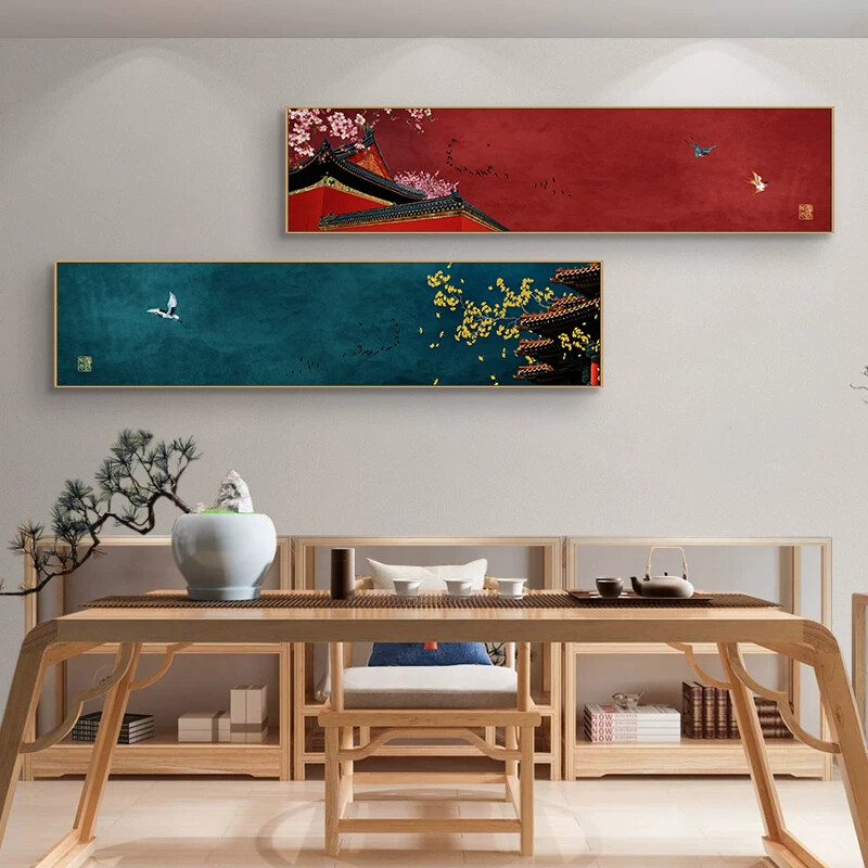 新中式卧室床头装饰画墙画茶室禅道主卧挂画横幅客厅壁画背景墙面