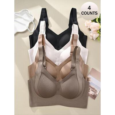 4Piece Set Womens Solid Color Seamless Wireless Bra High