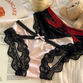 低腰缎面少女三角裤 性感蕾丝内裤 女士交叉纯欲滑溜2024新款 透气