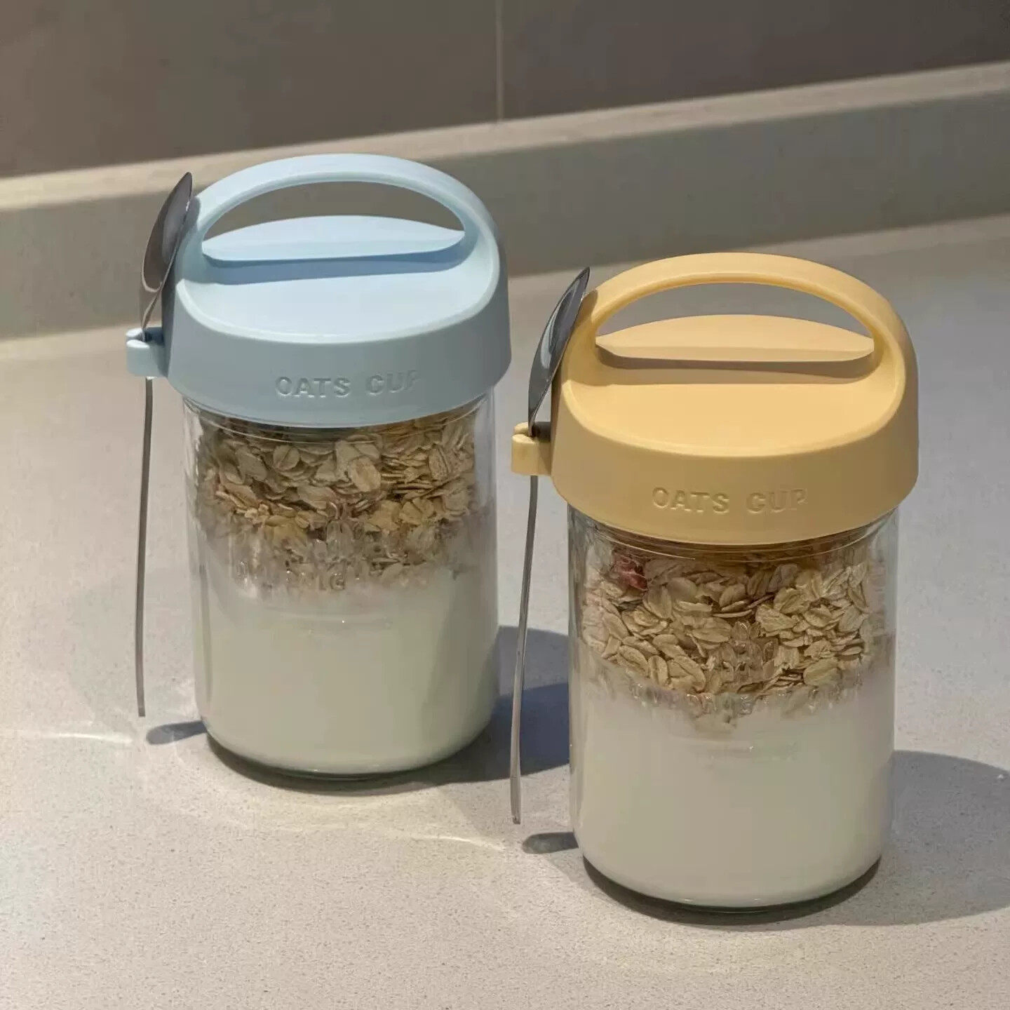 燕麦杯早餐碗便携隔夜酸奶水果牛奶豆浆杯奶昔杯外带玻璃手提带勺