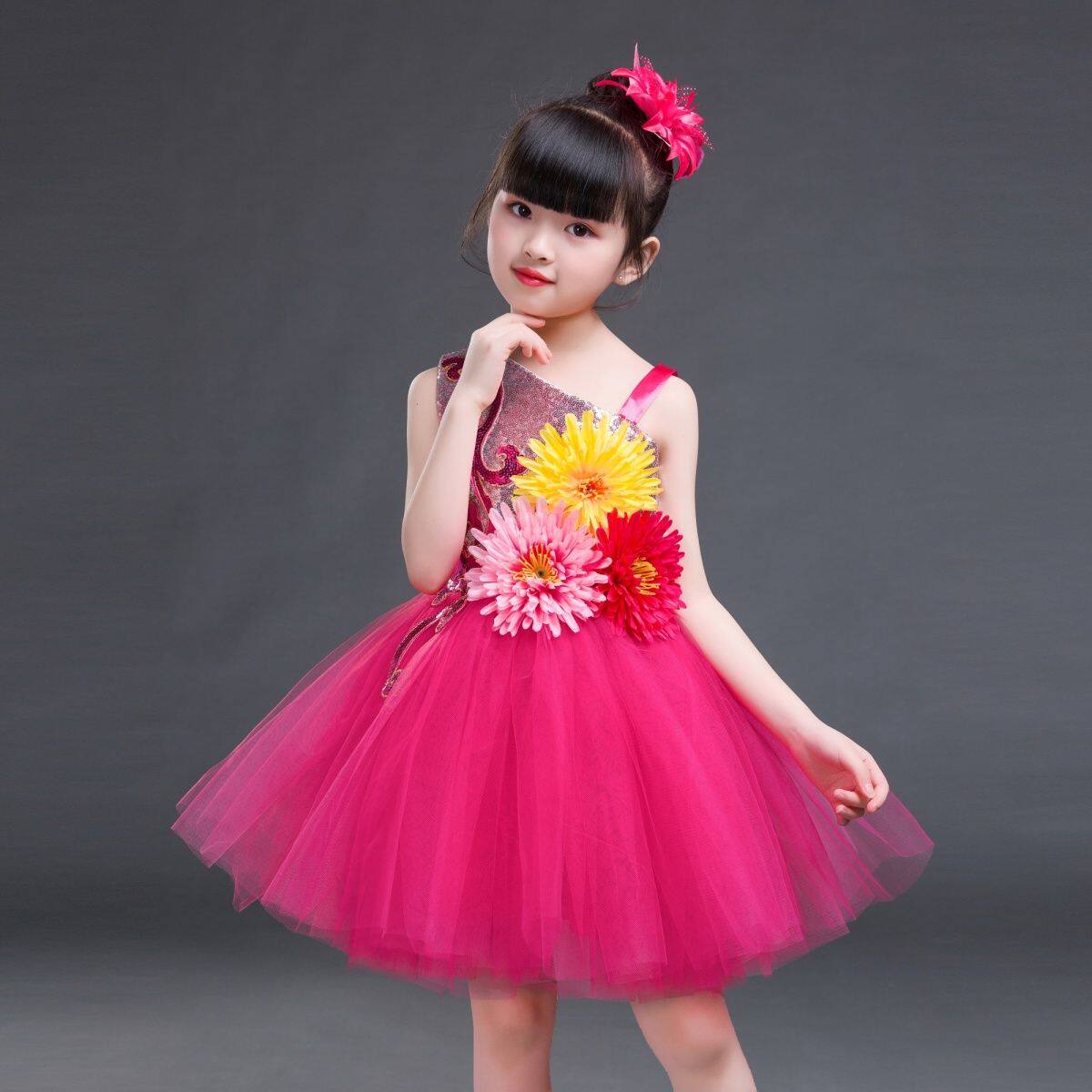 六一儿童服公主蓬蓬裙女童亮片花朵纱裙幼儿和合唱裙舞蹈演出服