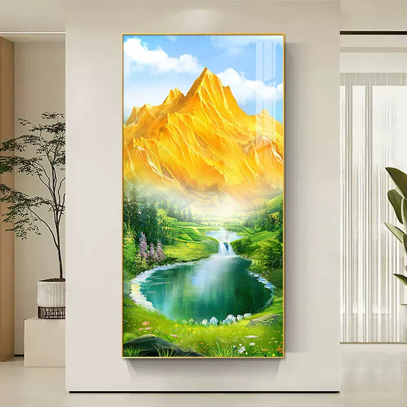 玄关装饰画八方聚财山水画聚宝盆竖版风景挂画正对门走廊过道壁画