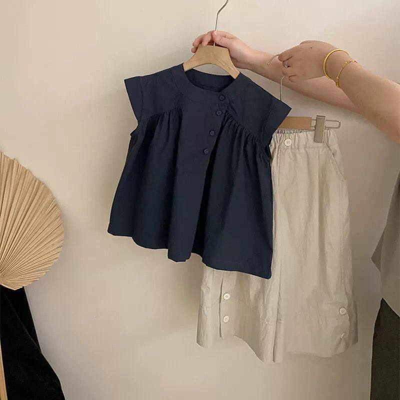 女童夏季短袖套装女宝夏天韩版无袖娃娃衫纯棉衬衫阔腿裤两件套