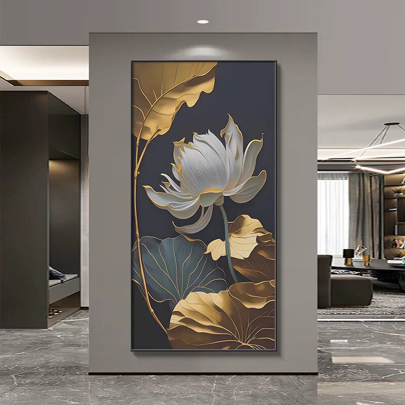 现代轻奢入户玄关装饰画荷花带钻LED灯壁画竖版客厅过道走廊挂画