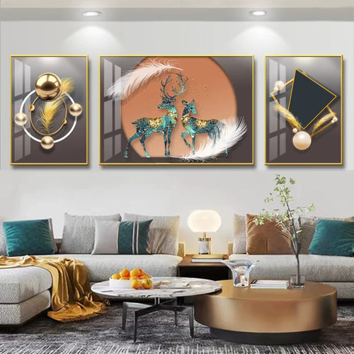 晶瓷画三联客厅装饰画现代沙发背景墙挂画鹿轻奢高档几何抽象壁画