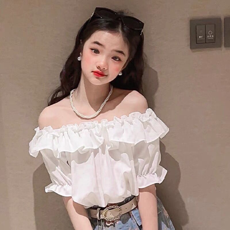 女童气质法式荷叶边一字肩衬衫短袖儿童夏季爆款韩版中大童薄款潮