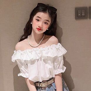 女童气质法式荷叶边一字肩衬衫短袖儿童夏季爆款韩版中大童薄款潮