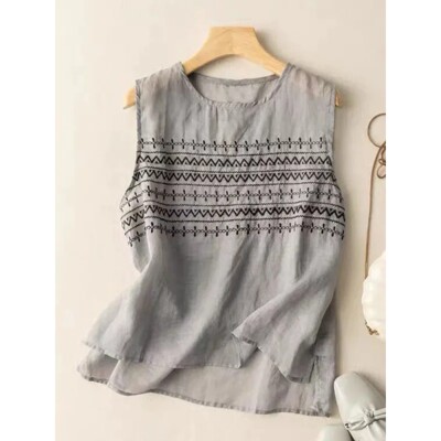 X 13143 Cotton Linen Sleeves Vest 棉麻背心 跨境欧美