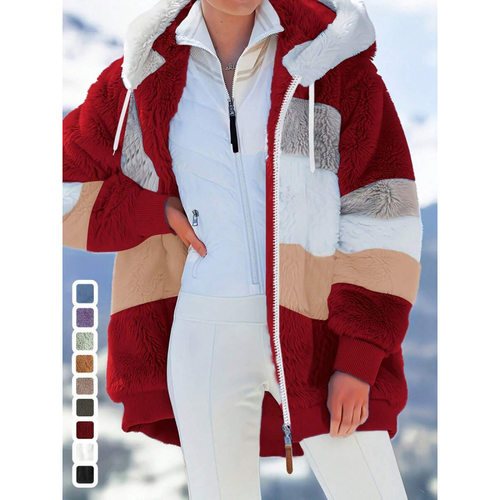 I 13025 Plush patch hooded loose coat 毛绒拼连帽宽松外套女
