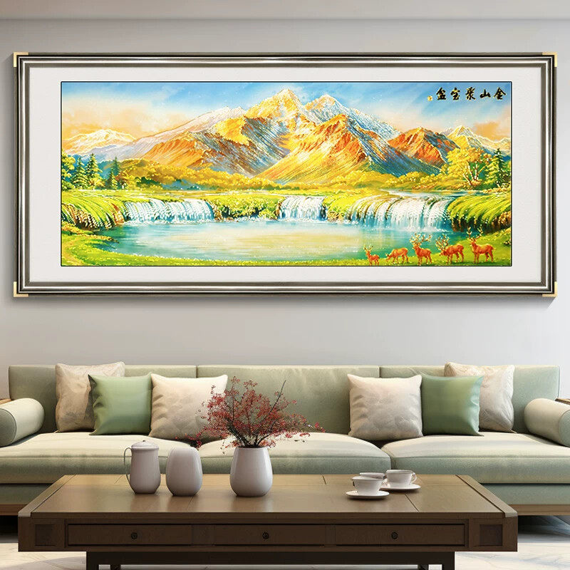 背靠金山客厅装饰画山水画聚宝盘浮雕新中式办公室沙发背景墙挂画