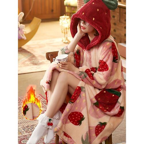New Strawberry Women's Robe Bathrobe Autumn Winter Coral