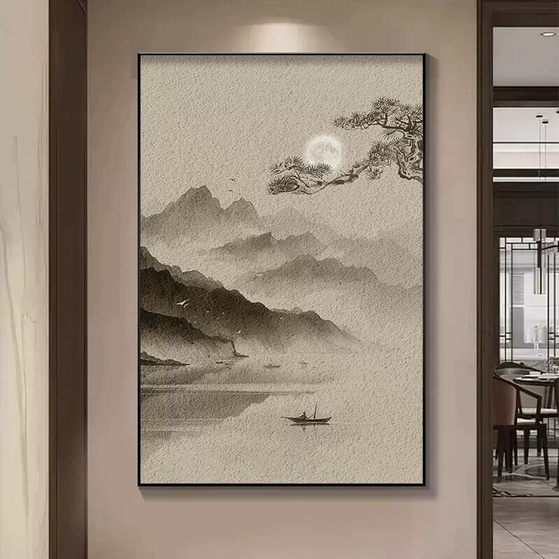 新中式入户玄关装饰画竖版水墨山水挂画中国风走廊过道茶室墙壁画