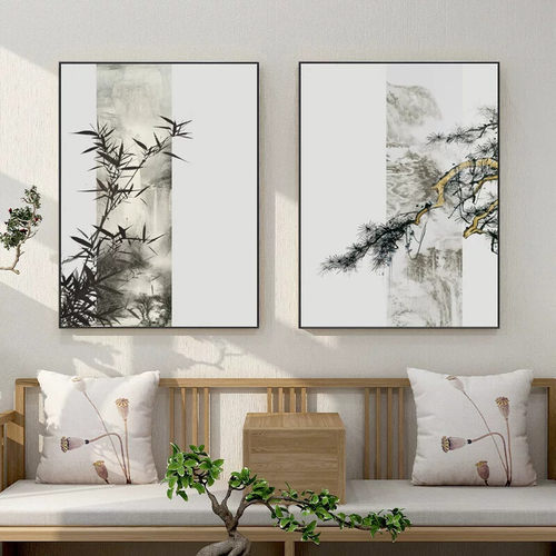 玄关装饰画山水画新中式客厅挂画竖版入户正对门墙画走廊过道壁画