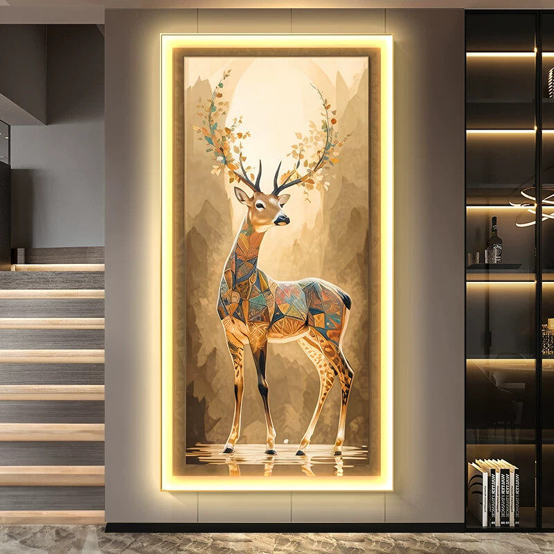 轻奢入户玄关装饰画金鹿led带灯走廊挂画过道壁画简约现代高级感