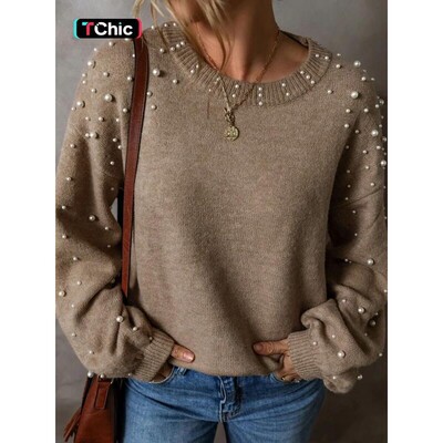 Women's Faux Pearl Decor Drop Shoulder Sweater Casual Long