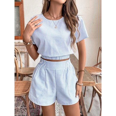 TwoPiece Set Womens Striped Print Batwing Sleeve Crop Top