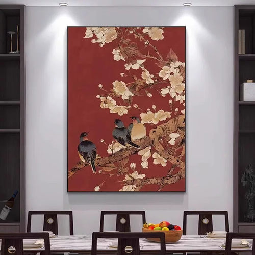 喜上眉梢客厅花鸟挂画喜上枝头中式茶室装饰画玄关沙发壁画好寓意