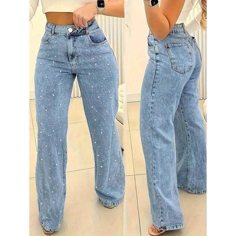 Womens Pearl Jeans Distressed Denim Pants High Waisted