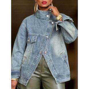 Womens Vintage Washed High Neck Asymmetric Button Loose
