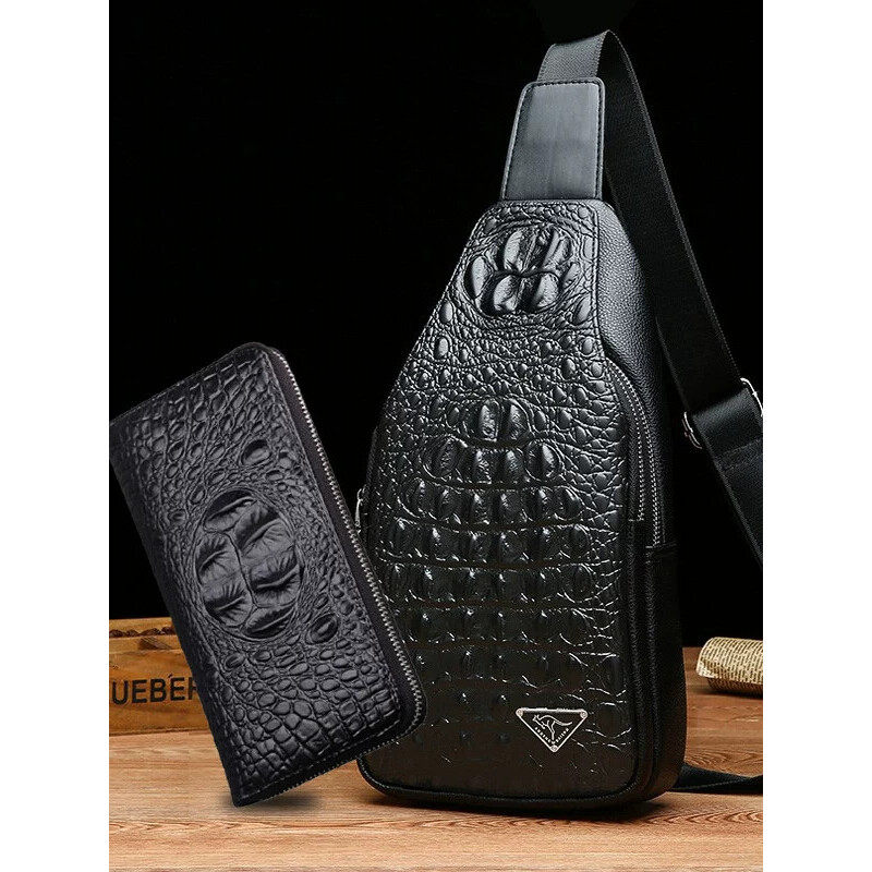 真皮斜挎包鳄鱼纹男士单肩多隔层大容量男包胸前时尚多功能包男包