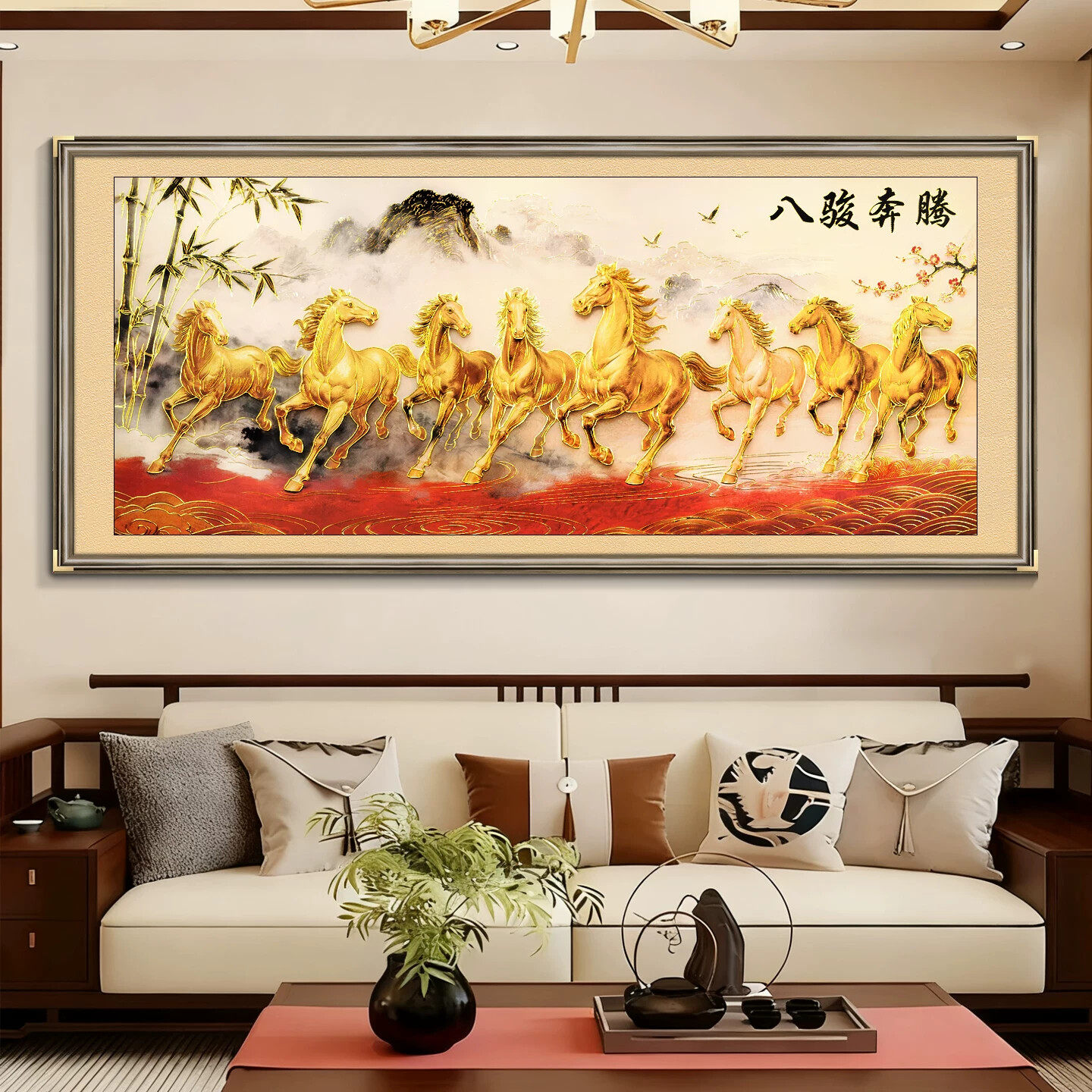 八骏图客厅挂画新中式办公室挂画山水画万里长城靠山浮雕描金国画
