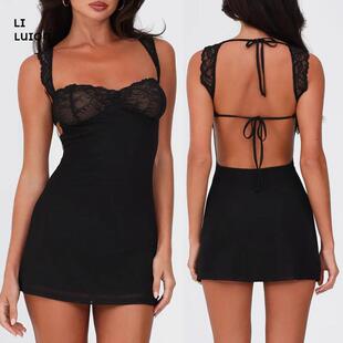 Women Backless Floral Lace Cami Dress Backless Tieup