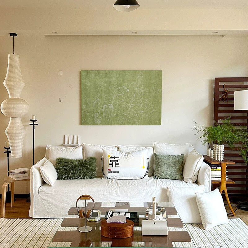 轻法式奶油风客厅高级感装饰画绿色系挂画沙发背景墙软装中古风横