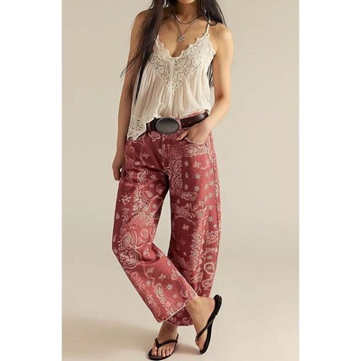 Women Boyfriend Baggy Barrel Jeans Floral Print Denim Ankle