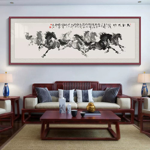八骏图马到成功墙壁画客厅挂画山水画新中式装饰画办公室国画