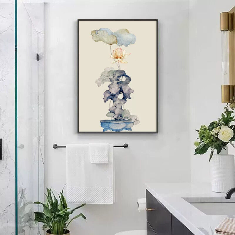 网红中式卫生间装饰画所荷花洗手间厕免打孔挂画浴室马桶上方防水