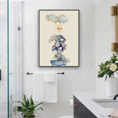 网红中式卫生间装饰画所荷花洗手间厕免打孔挂画浴室马桶上方防水