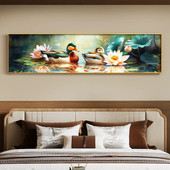 鸳鸯戏水图卧室装 主人房间床头挂画荷花客厅背景墙壁画 饰画新中式