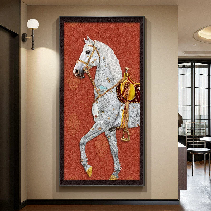 法式尽头中式走廊装饰画骏马玄关新壁画复古风图入户马到成功挂画