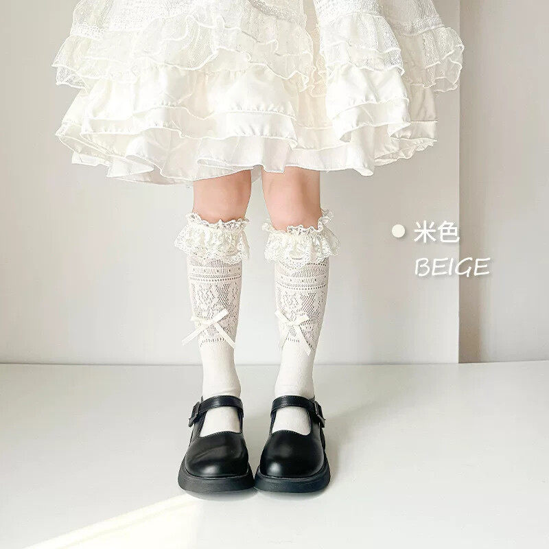 女童长筒袜夏季薄款儿童洛丽塔蕾丝花边公主袜子宝宝小腿JK长袜