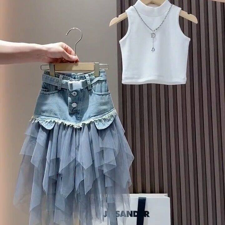 女童夏季新款网红套装2025韩版女宝宝背心上衣网纱拼接牛仔裙套装