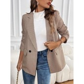 Print Button Pocket Women Blazer Gingham Trendy Casual
