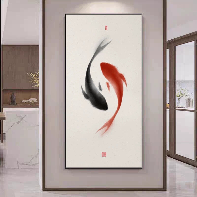 太极鱼玄关装饰画禅意水墨双鱼客厅挂画招财风水画阴阳鱼茶室壁画