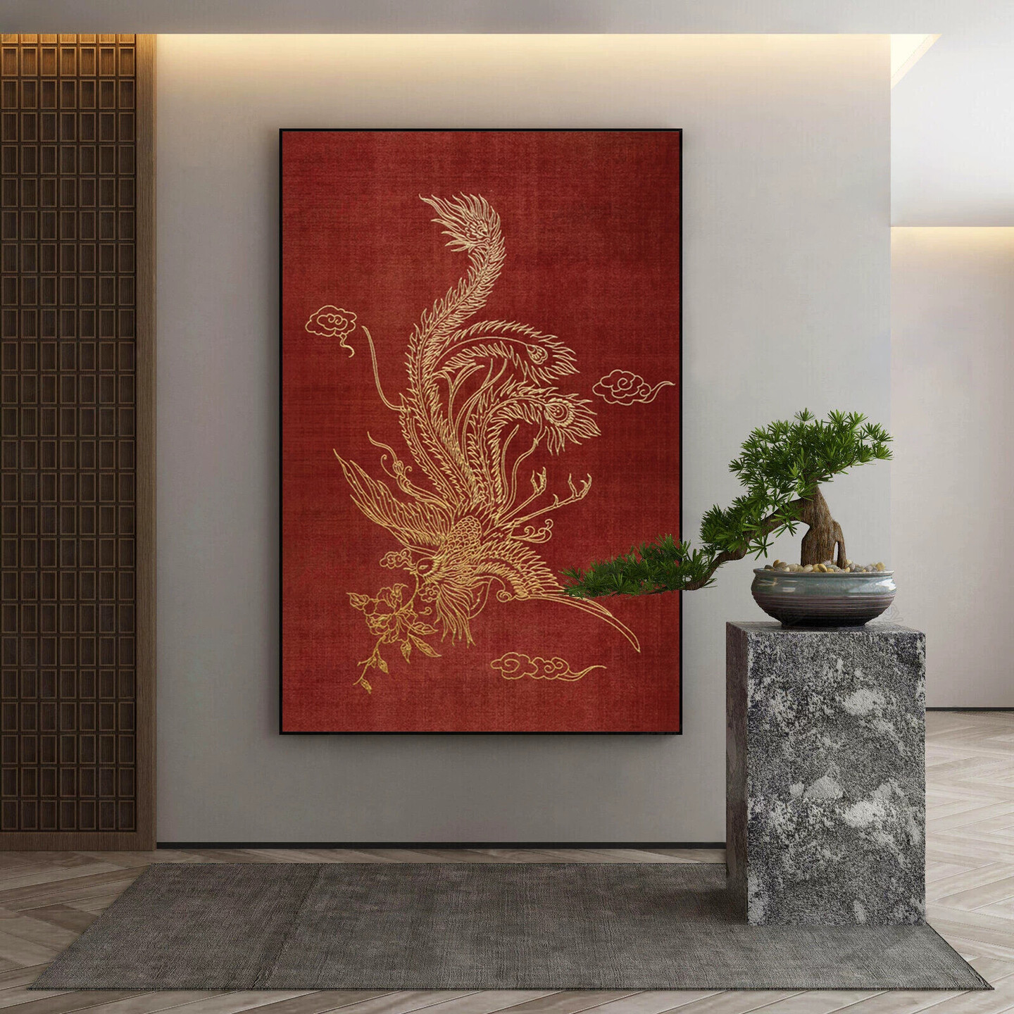 新中式红色凤凰客厅装饰画好寓意立体肌理浮雕玄关画走廊过道挂画