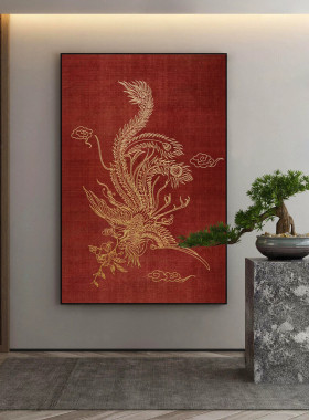 新中式红色凤凰客厅装饰画好寓意立体肌理浮雕玄关画走廊过道挂画