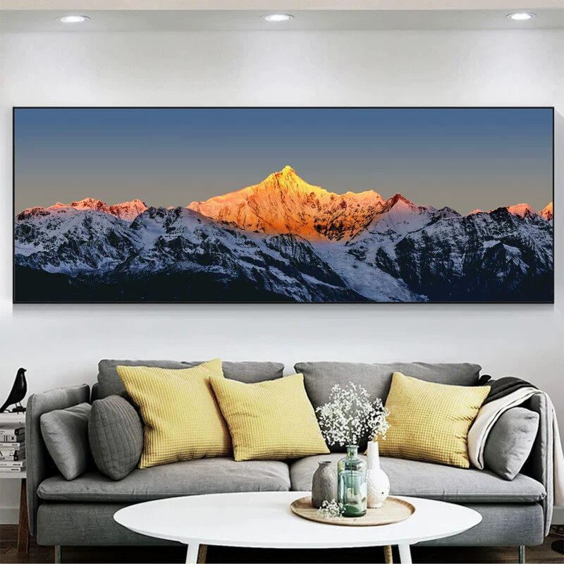 梅里雪山客厅背景墙装饰画主卧室床头挂画日出金山办公室靠山壁画