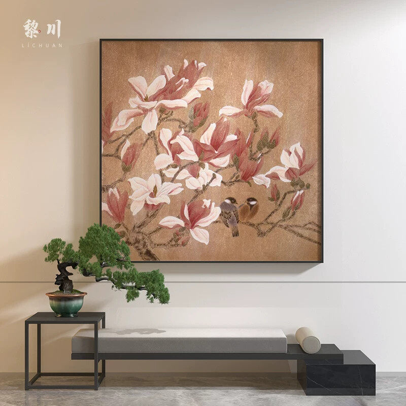 新中式中国风古典工笔玉兰花鸟玄关客厅餐厅装饰画壁画方形挂画