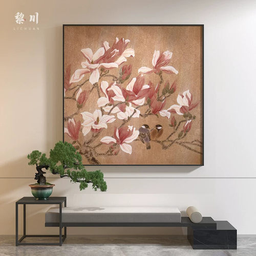 新中式中国风古典工笔玉兰花鸟玄关客厅餐厅装饰画壁画方形挂画