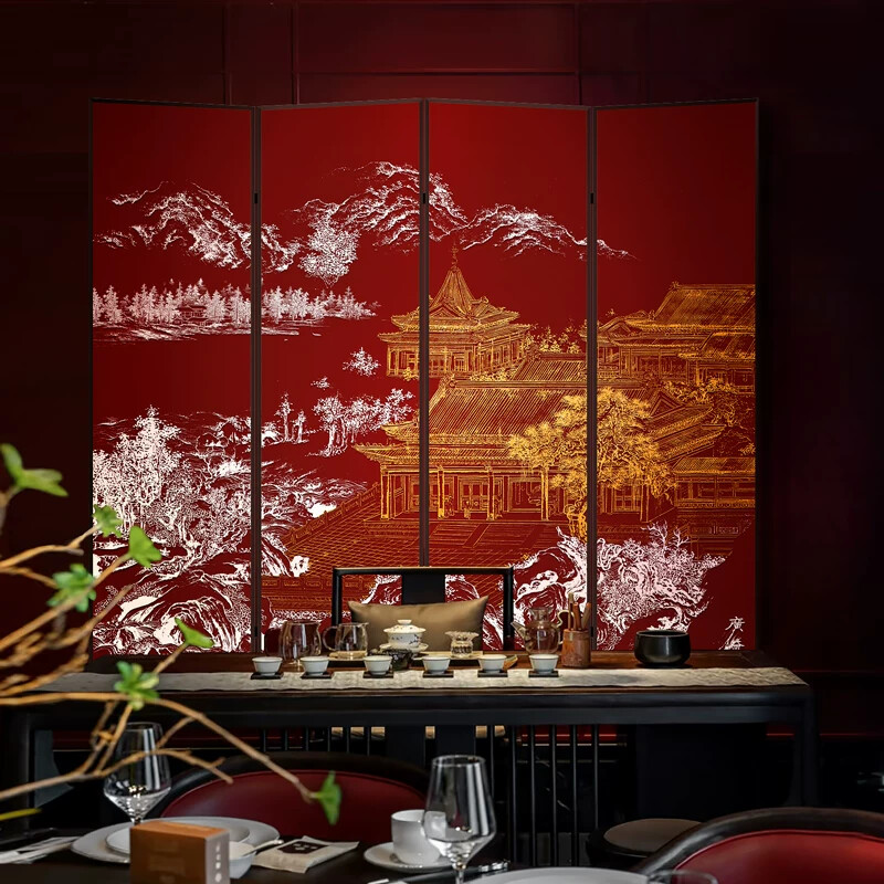 新中式正对门山水风景屏风装饰画别墅客厅大气浮雕四联屏风挂画