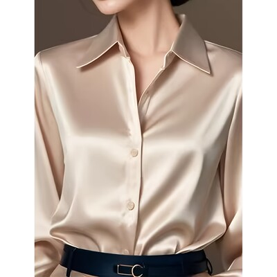 R 11378 Acetate Satin Dark Green Shirt 醋酸缎面衬衫 跨境代发